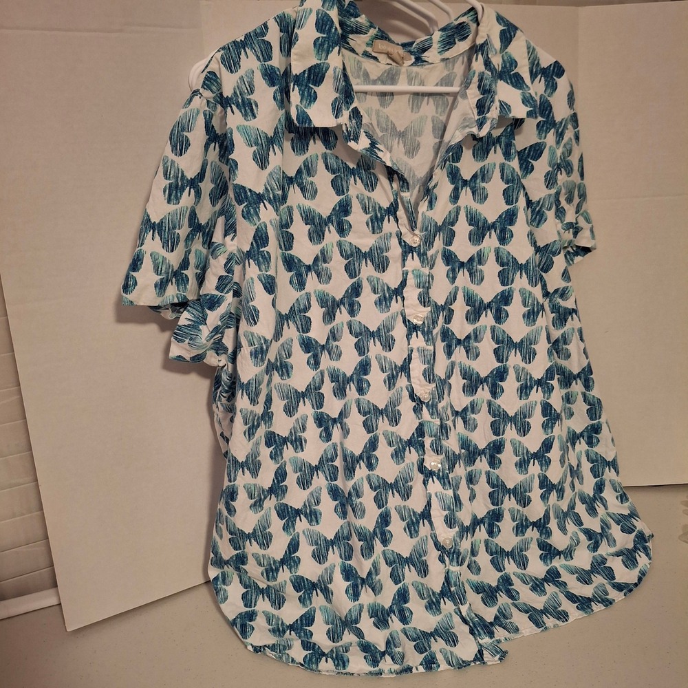 Woman Within Butterfly Print Short Sleeve Button Up Shirt 3X